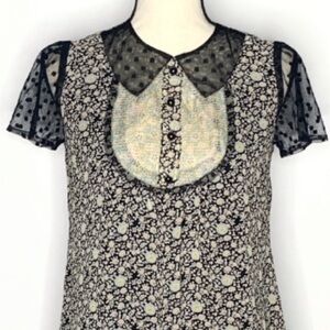 Anna Sui Silk Floral Bib Blouse XS | Sheer Polka Dot Sleeves